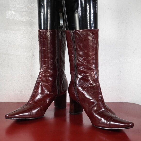 Women's Nine West Brown Leather Ankle High Low Heel Fashion Boots Booties 8 - Picture 3 of 9